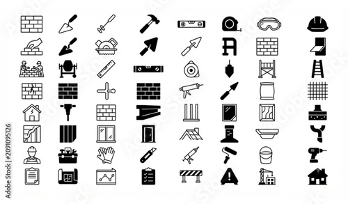 Collection of professional building equipment, construction site materials, and renovation tools.