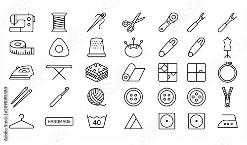 Fotografie Sewing and tailoring line icons set, embroidery and needlework tools