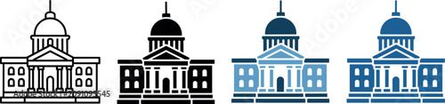 Government building icons set with capitol courthouse senate and city hall flat vector illustration isolated