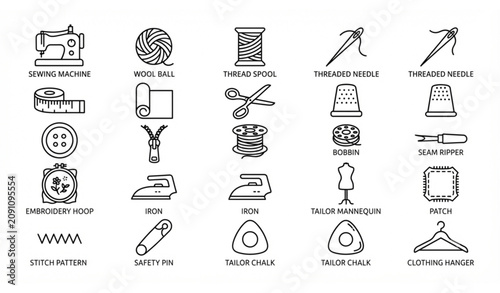 Obraz na plátně Sewing, Tailoring, and Crafting Essentials Line Icon Set