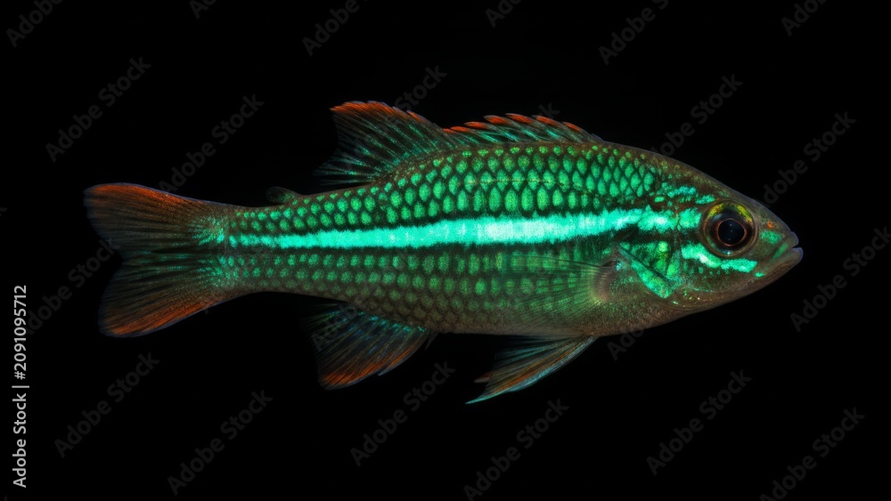 Fototapeta premium Vibrant Green Emerald Cardinalfish with Glowing Neon Stripe on Black Background