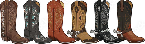 Tableau sur toile Vintage Cowboy Boots Vector Element Set Featuring Detailed Western Leather Embro
