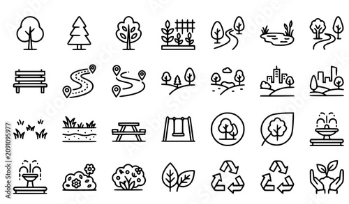 Park Tree Modern Line Icon Set with City Garden Landscape and Lake Symbols