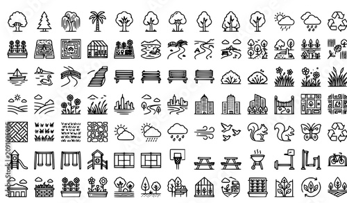 Modern Park Tree Thin Line Icon Collection with Urban Landscape Symbols