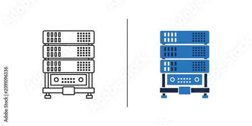Set of data center server rack in outline and blue flat style for modern network infrastructure visualization
