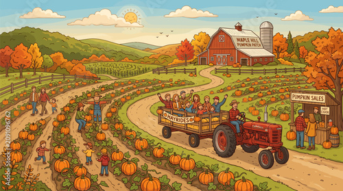 Canvastavla People enjoying hayride at pumpkin patch farm during autumn harvest season