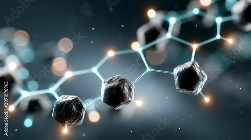 A futuristic digital representation of a molecular chain with glowing connections and dark geometric molecules suspended in a dark space.