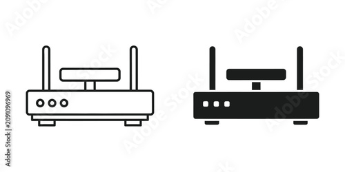 Wireless internet router set featuring dual antennas and status lights in outline and solid black styles