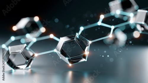 A futuristic 3D rendering of a molecular structure with hexagonal shapes connected by glowing nodes on a dark background.