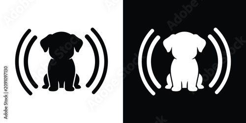 Bild auf Leinwand Pet identification microchip vector icon showing a puppy from the front flanked by wireless signal waves