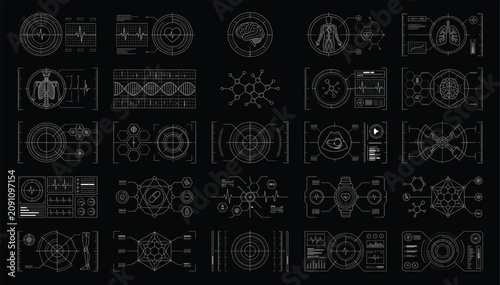 Medical digital data interface kit with anatomical and scientific symbols vector set interface anatomical scientific healthcare research technology diagnostic monitoring analysis