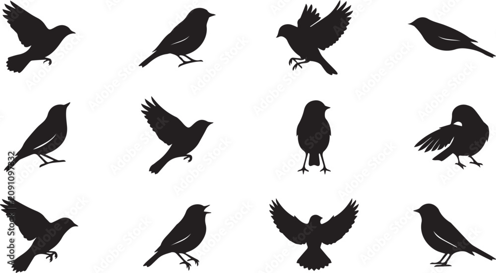Fototapeta premium Collection of black bird silhouettes in various flying and perching poses