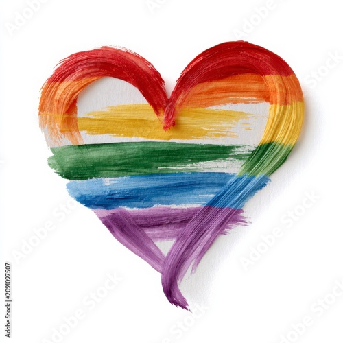 A heart shape painted with rainbow colors symbolizing LGBTQ+ pride and love on a white background.