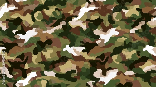 A seamless camouflage pattern featuring irregular shapes in shades of green, brown, tan, and white.