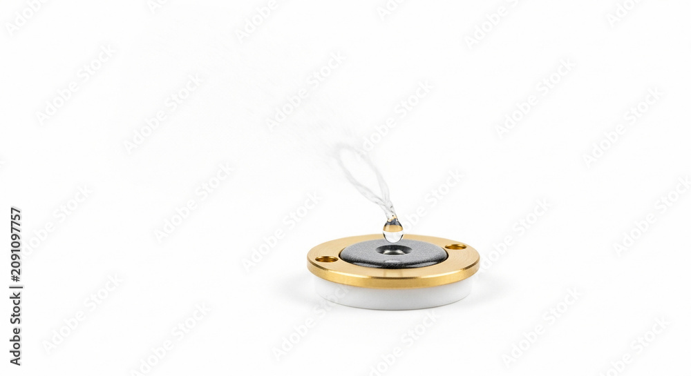 Naklejka premium Piezoelectric atomization disk generating a fine water droplet, showcasing advanced technology for mist creation.
