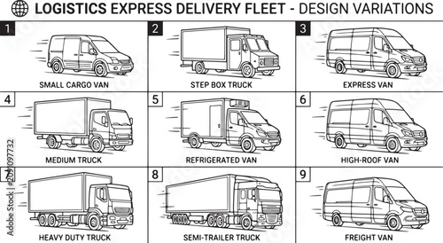 Obraz na płótnie Logistics express delivery fleet design variations, set of 9 commercial transpor