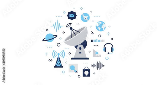 Global Telecommunications and Satellite Connectivity Illustration with Icons for Space Research, Wireless Technology, and Data Transmission on White Background