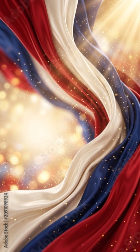 Elegant Flowing Red White and Blue Silk Fabric Background with Golden Light and Sparkling Bokeh, Luxury Patriotic Abstract Celebration Banner