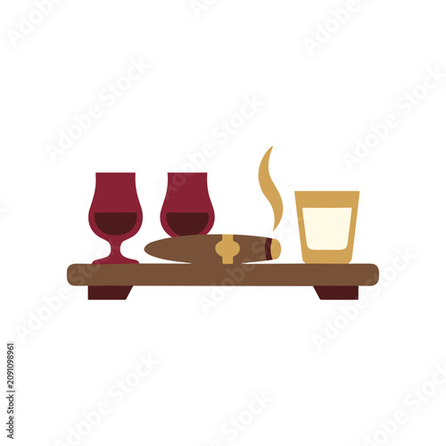 Foto Cigar and wine glasses on tray.