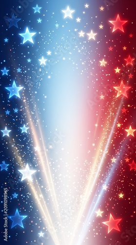 Glowing Patriotic Red White and Blue Star Background with Sparkling Light Beams and Copy Space