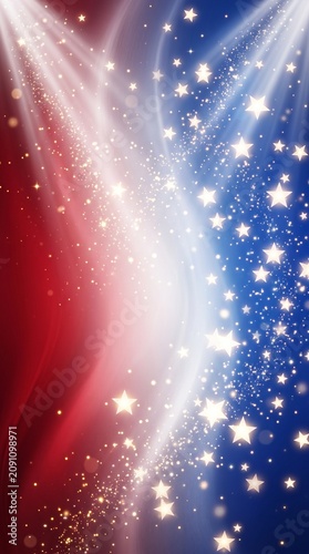 Patriotic Red White and Blue Star Background with Sparkling Glitter and Soft Light Rays