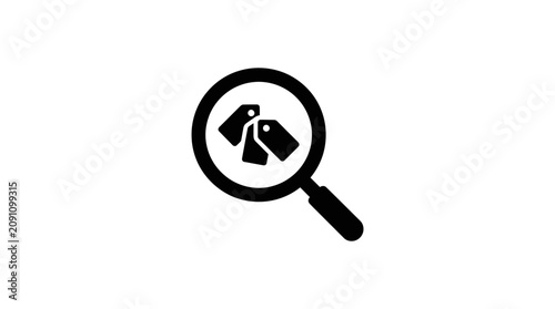 Quadro su tela Magnifying Glass Over Price Tags Black Silhouette On White Background
