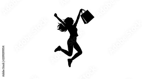 Valokuva Silhouette of a jumping woman carrying a shopping bag on a white background