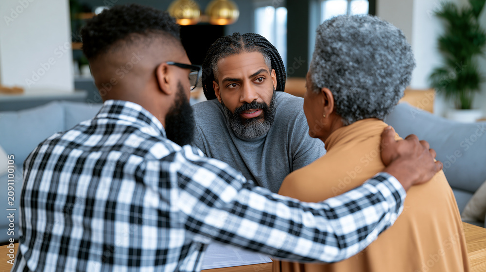 Fototapeta premium Adult sons comforting elderly mother during serious family conversation, embrace and support at home, multigenerational care and healthcare discussion.