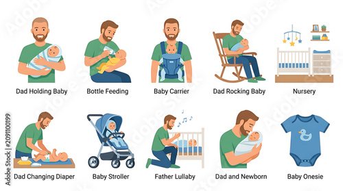 Set of fatherhood icons illustrating daily parenting tasks and nursery care activities for newborns in a flat vector graphic style for childcare design