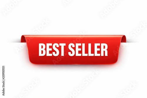 Red best seller ribbon banner with white text on plain background