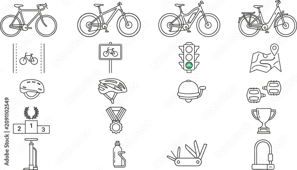 Fototapeta premium Cycling Infrastructure and Bicycle Service Collection with Bike Lane, Safety Equipment, and Urban Mobility Outline Illustrations