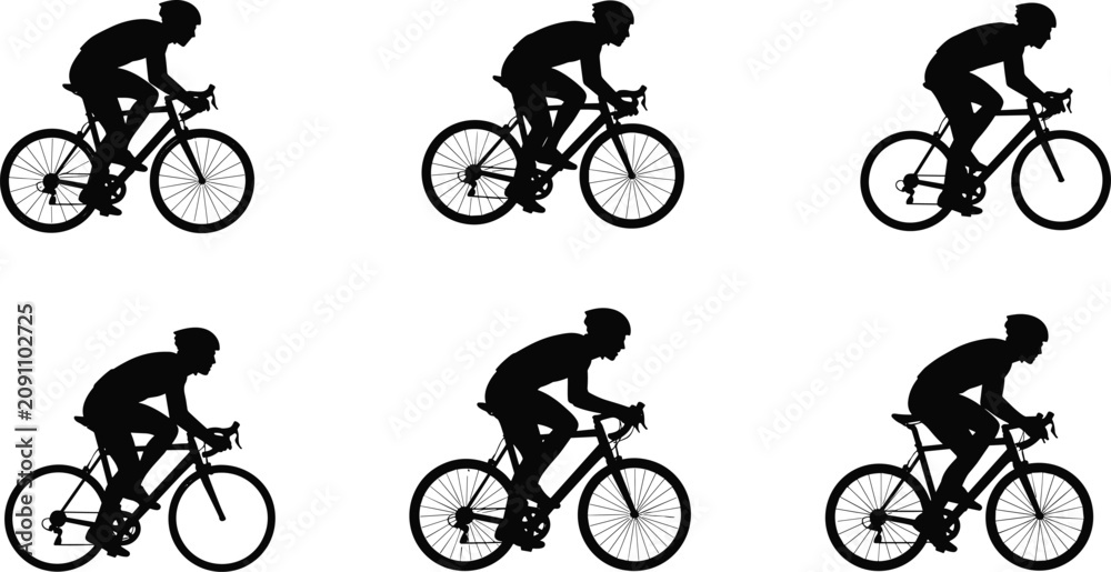 Obraz premium Silhouettes of cyclists riding road bicycles in dynamic racing positions