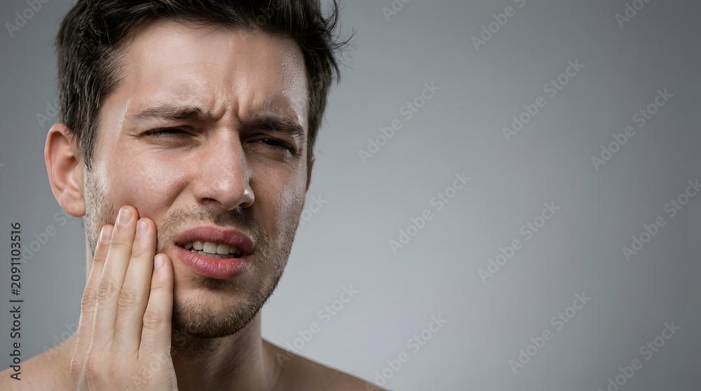 Naklejka premium Young man looking stressed while touching his jaw in pain