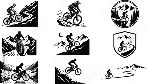 Mountain Biking Adventure Badge Collection with Cyclist Silhouettes, Outdoor Landscapes, and Extreme Trail Emblem Illustrations