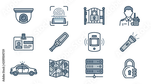 Foto Modern Security and Surveillance Icons Collection in Minimalist Black and White