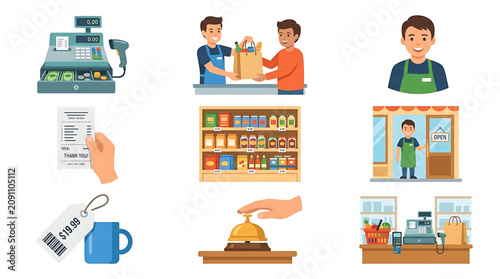 Set of flat vector icons illustrating grocery store checkout transactions and retail shopping concepts for small business with register shopping interactions