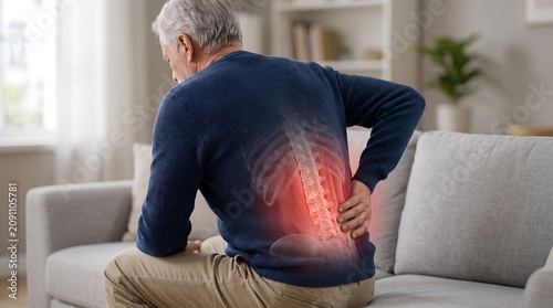 Tableau sur toile Senior man suffering from lower back pain with spine visualization