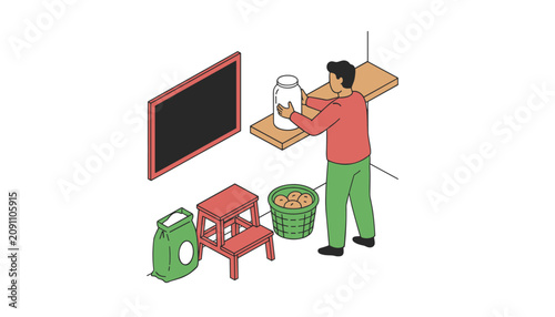 Man on a small red stepladder carefully organizes glass storage jars onto a wooden shelf in a tidy pantry room filled with food supplies.