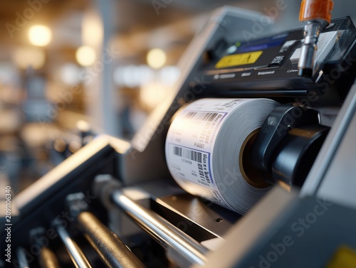 Barcode label printing machine operates in a well-lit workshop producing high-quality labels in the late afternoon