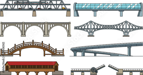 Foto Bridge Architecture Vector Element Set featuring Suspension Truss Arch Overpass