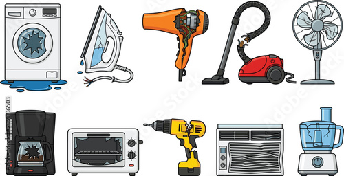 Tableau sur toile Broken Home Appliances Vector Set with Leaking Washing Machine Damaged Vacuum Cl