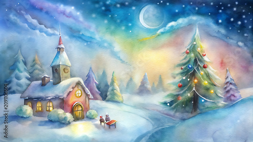 Starlit winter landscape painting with christmas tree and church