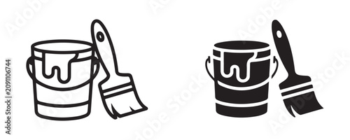 Set of paint bucket and brush icons for renovation construction or professional painting service design.