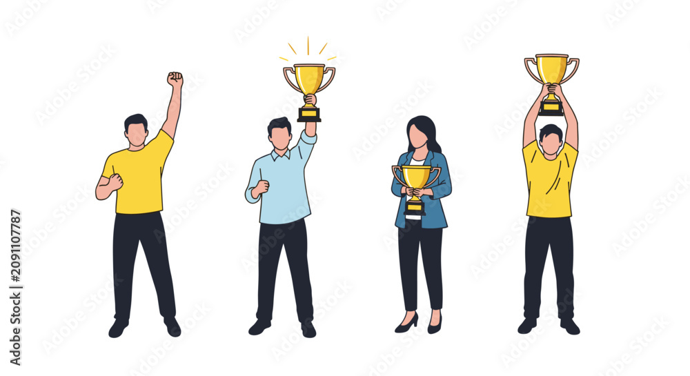 Obraz premium Successful business professionals celebrating their achievements by holding up golden trophies on a white background.
