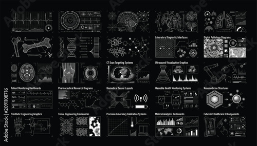 Comprehensive healthcare data interface collection with diagnostic analytics and biological research icons healthcare interface analytics diagnostic research technology illustration
