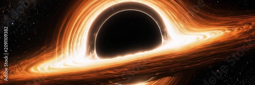 Orange glowing black hole with accretion disk in space, website banner