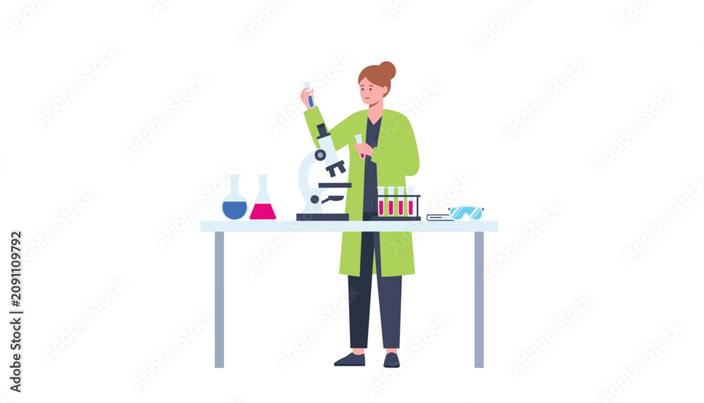 Fototapeta premium Scientist in a green lab coat conducts experiments using a microscope and test tubes while analyzing chemical samples on a laboratory table.