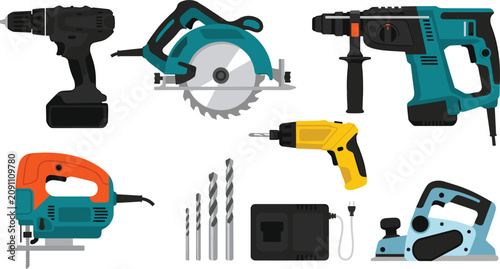 Power Tools Vector Collection featuring Cordless Drill Circular Saw Rotary Hammer Jigsaw Electric Screwdriver Drill Bits and Planer for Workshop Hardware Designs