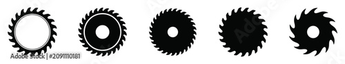 Foto Saw blade icon set featuring wood cutting disc silhouettes, industrial tool symbols, gear shapes, sharp teeth, and construction equipment