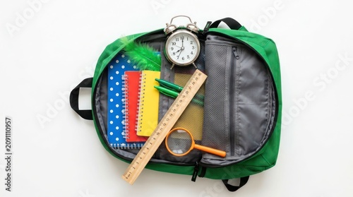 Top view of a green backpack filled with school supplies on a white background.